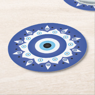 Mandala Greek Evil Eye Blue White Round Paper Coaster