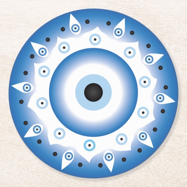 Mandala Greek Evil Eye Blue White Round Paper Coaster (Front)