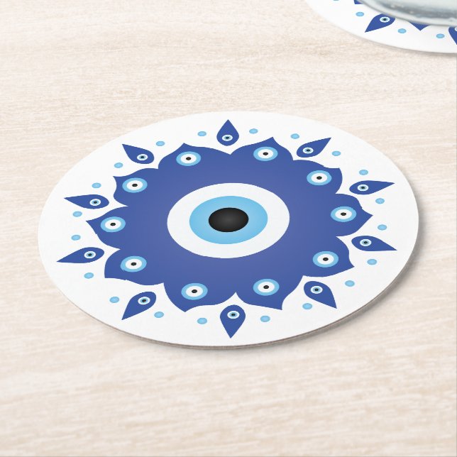 Mandala Greek Evil Eye Blue White Round Paper Coaster (Angled)