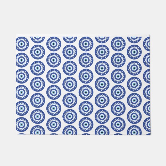 Mandala Greek Evil Eye Pattern Blue White Doormat (Front)