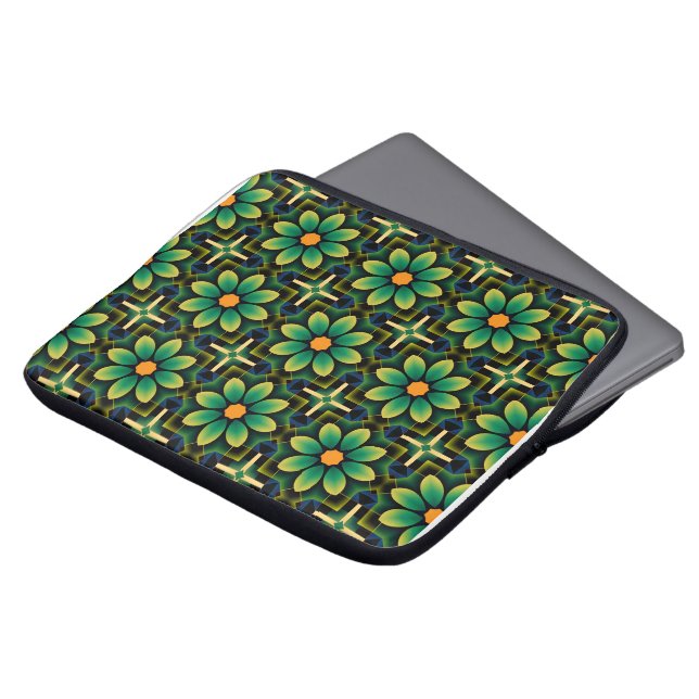 Mandala Green and Yellow Floral Geometric Pattern  Laptop Sleeve (Front Top)