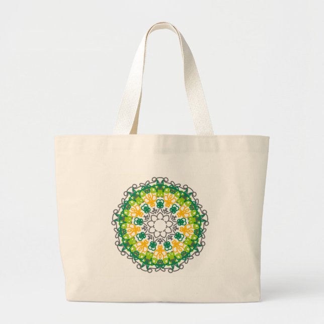 mandala green and yellow large tote bag (Front)