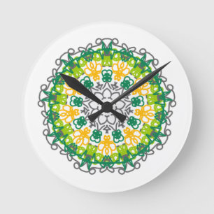 mandala green and yellow round clock