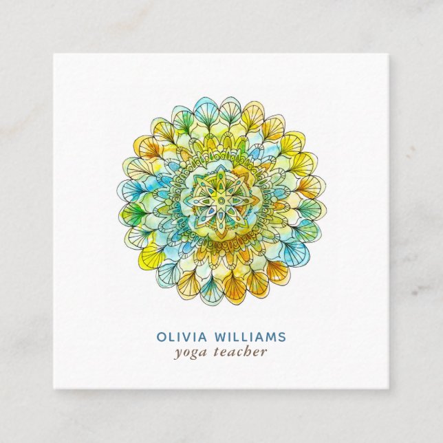 Mandala Green Yellow Spiritual Yoga Business Card (Front)