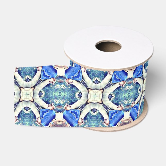 mandala hearts pattern blue grosgrain ribbon (Spool)