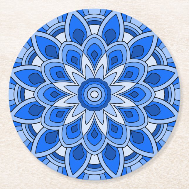 Mandala in blue round paper coaster (Front)