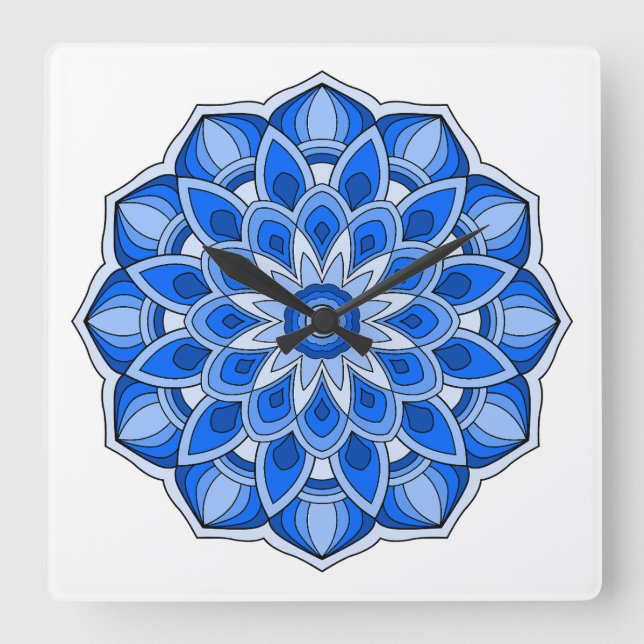 Mandala in blue square wall clock (Front)