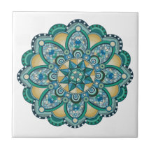 Mandala in blues, greens, and gold