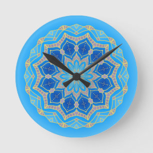 Mandala in electric blue and turquoise round clock