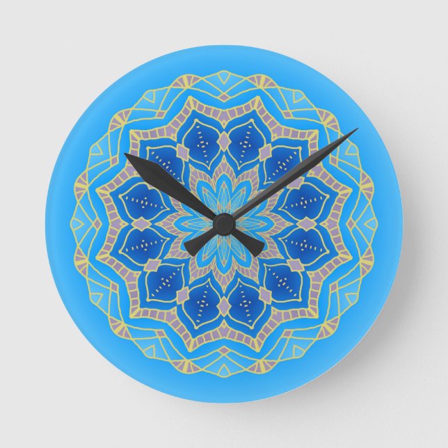 Mandala in electric blue and turquoise round clock (Front)