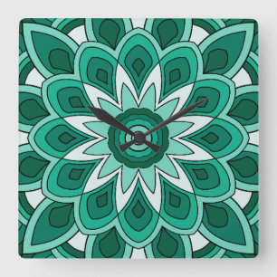 Mandala in green square wall clock