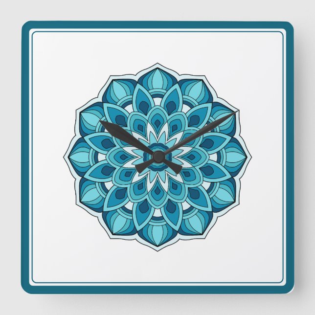 Mandala in teal green square wall clock (Front)
