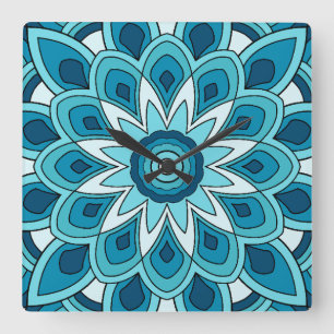 Mandala in teal green square wall clock
