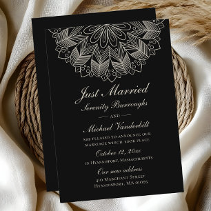 Mandala Indian Boho Black Just Married Wedding Announcement