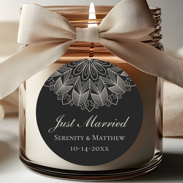  Mandala Indian Boho Black Just Married Wedding Classic Round Sticker (Creator Uploaded)