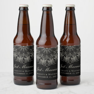 Mandala Indian Boho Black Wedding Just Married Beer Bottle Label