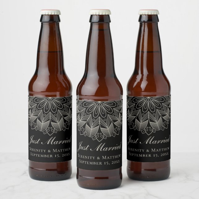 Mandala Indian Boho Black Wedding Just Married Beer Bottle Label (Bottles)