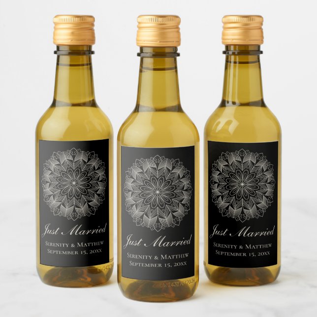 Mandala Indian Boho Black Wedding Just Married Wine Label (Bottles)