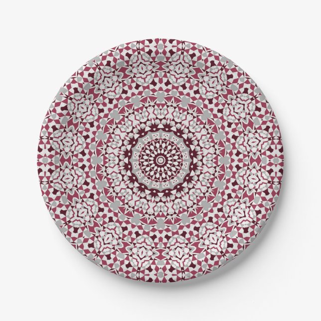 Mandala is burgundy-grey paper plate (Front)