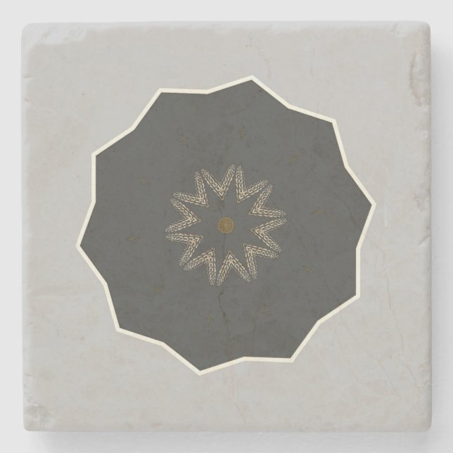 Mandala Kaleidoscope Black on Grey Stone Coaster (Front)