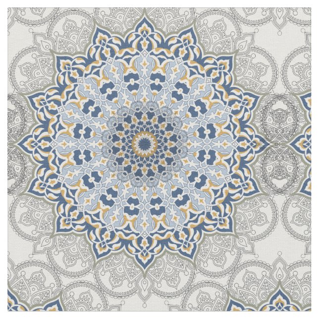 Mandala kaleidoscope blue floral vintage pattern fabric (Close Up)