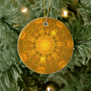 Mandala Lace Lines Warm Glow Yellow Background Ceramic Tree Decoration