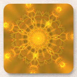 Mandala Lace Lines Warm Glow Yellow Background Coaster