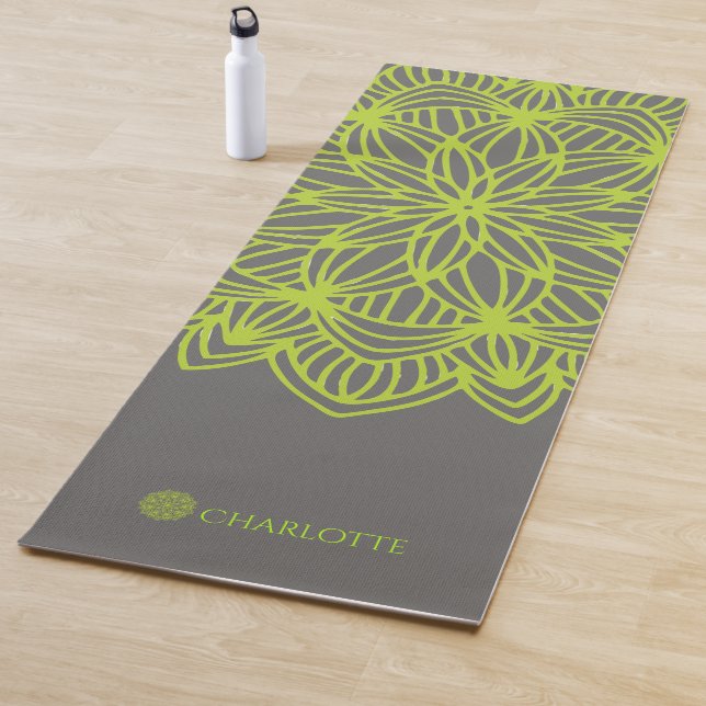 Mandala Lime Green Grey Personalised (1 sided) Yoga Mat (In Situ)