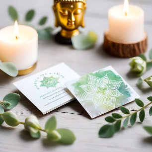 Mandala Lotus Flower Logo & Aqua Green Watercolor Square Business Card