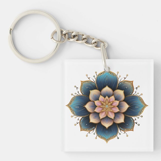 Mandala Lotus Flower with Sparkling Crystals Key Ring (Front)