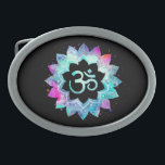 *~* Mandala Lotus OM  AUM Symbol Watercolor Belt Buckle<br><div class="desc">* An OM AUM Symbol Lotus Watercolor Mandala on a black background oval shape belt buckle.* Note: You can customise the text. Here for you is a strikingly beautiful new age metaphysically spiritually inclined eye-catching design likely to inspire meditation and calm contemplation. It can make a perfect gift for friends...</div>