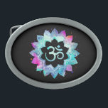 *~* Mandala Lotus OM  AUM Symbol Watercolor Belt Buckle<br><div class="desc">* An OM AUM Symbol Lotus Watercolor Mandala on a black background oval shape belt buckle.* Note: You can customise the text. Here for you is a strikingly beautiful new age metaphysically spiritually inclined eye-catching design likely to inspire meditation and calm contemplation. It can make a perfect gift for friends...</div>
