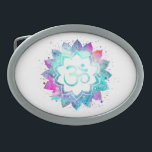 *~* Mandala Lotus OM  AUM Symbol Watercolor Belt Buckle<br><div class="desc">* An OM AUM Symbol Lotus Watercolor Mandala on a white background oval shape belt buckle. The mandala colours are turquoise, purples blues and pinks* Note: You can customise the text. Here for you is a strikingly beautiful new age metaphysically spiritually inclined eye-catching design likely to inspire meditation and calm...</div>