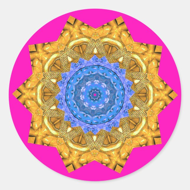 Mandala Magic Blue & Gold on Fuchsia Classic Round Sticker (Front)