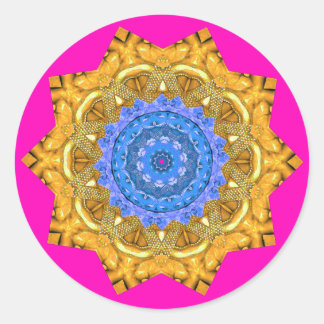 Mandala Magic Blue & Gold on Fuchsia Classic Round Sticker