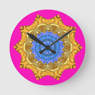 Mandala Magic Blue & Gold on Fuchsia Round Clock