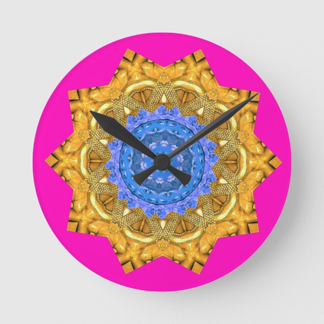 Mandala Magic Blue & Gold on Fuchsia Round Clock (Front)