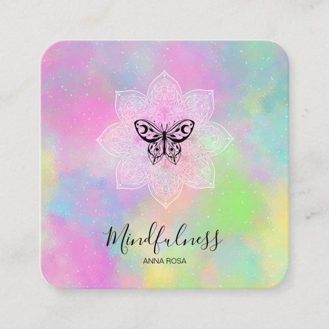 *~* Mandala Meditation Mindfulness Yoga Butterfly Square Business Card (Front)