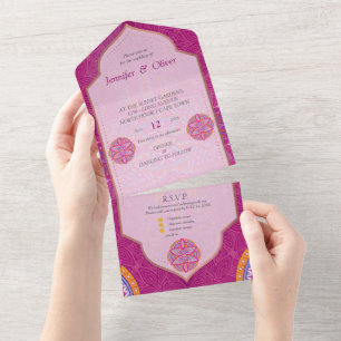 Mandala mix in Cerise Pink Blues & Orange All In One Invitation