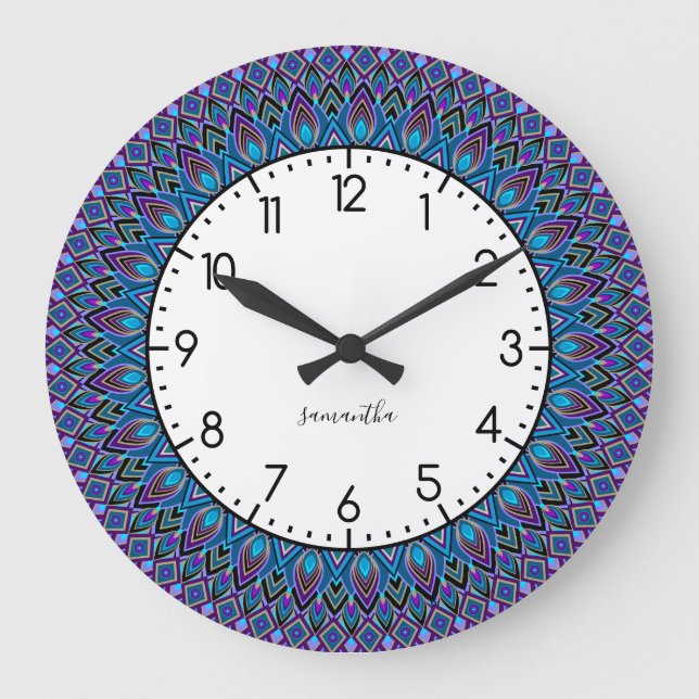 Mandala Monogram Blue Teal Purple Peacock Gold Large Clock (Front)