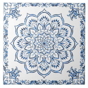 Mandala Moroccan blue flower accent tile