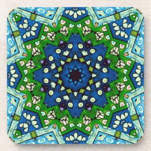 Mandala Mosaic Geometric Green Blue Retro Hippie Coaster