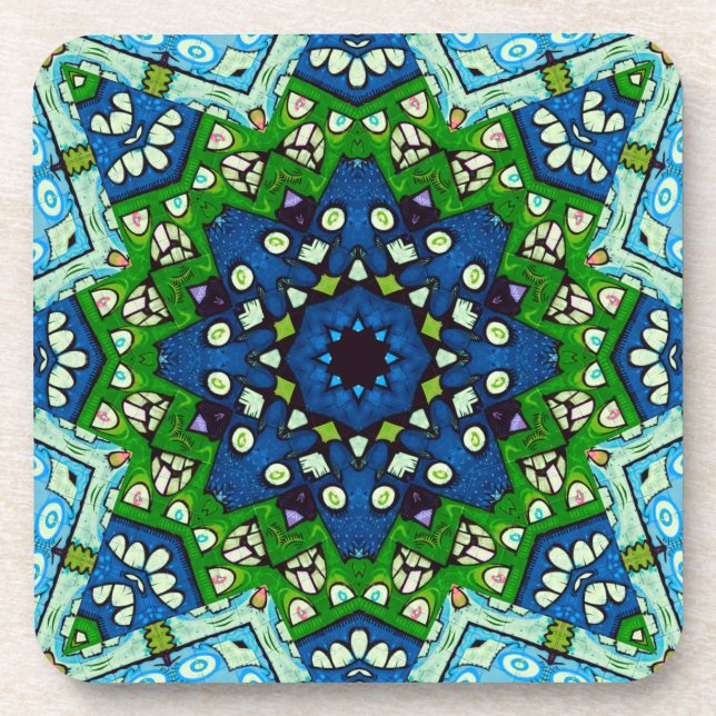 Mandala Mosaic Geometric Green Blue Retro Hippie Coaster (Front)