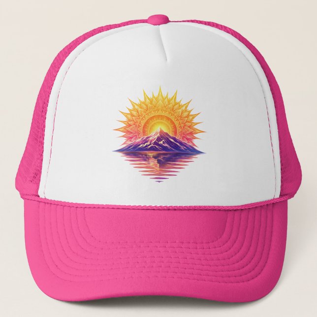 Mandala Mountain Sunset Reflection Golden Boho Sun Trucker Hat (Front)