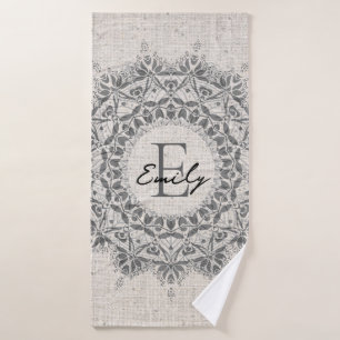 Mandala Name Monogram Monochrome Light Grey Bath Towel