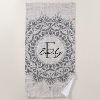 Mandala Name Monogram Monochrome Light Grey Beach Towel