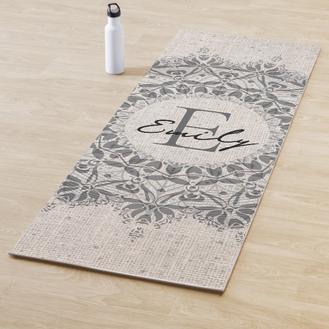 Mandala Name Monogram Monochrome Light Grey Yoga Mat (In Situ)