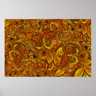 Mandala nature gold tentacles, flowers and leaves. poster