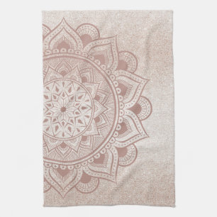 Mandala Om Glitter Rose Gold Dusty Pink Yoga Home Tea Towel