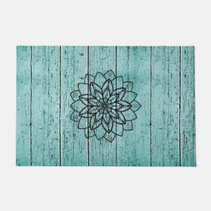 Mandala on Blue Aged Wood Doormat